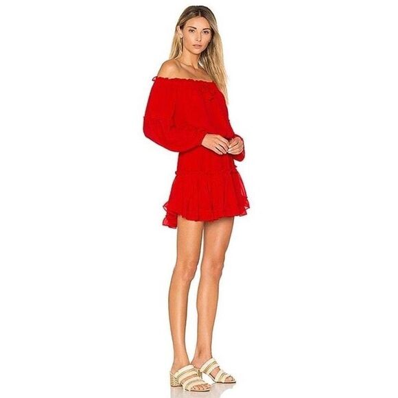 Misa Los Angeles Off Shoulder Daria Boho Crimson Red Mini Blouson Dress Size XS - Picture 1 of 12